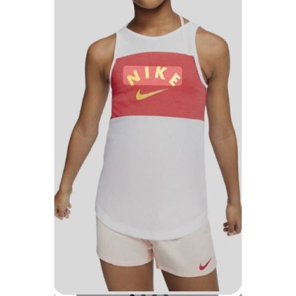 Nike Swoosh Athletic Tank Top Long White‎ Red Yellow  Junior Girl’s Medium NWT